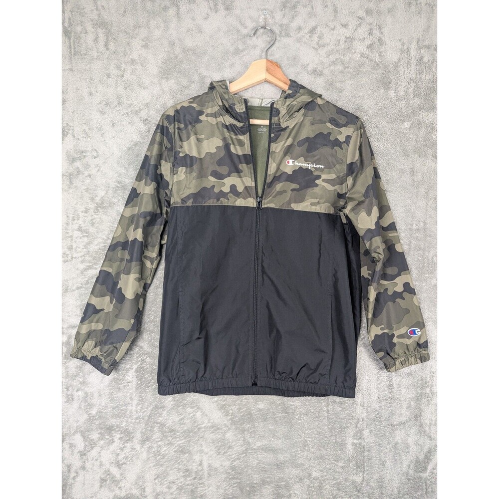Champion Hooded Windbreaker Jacket Kid's M Camo Black Full Zip Logo Long Sleeves